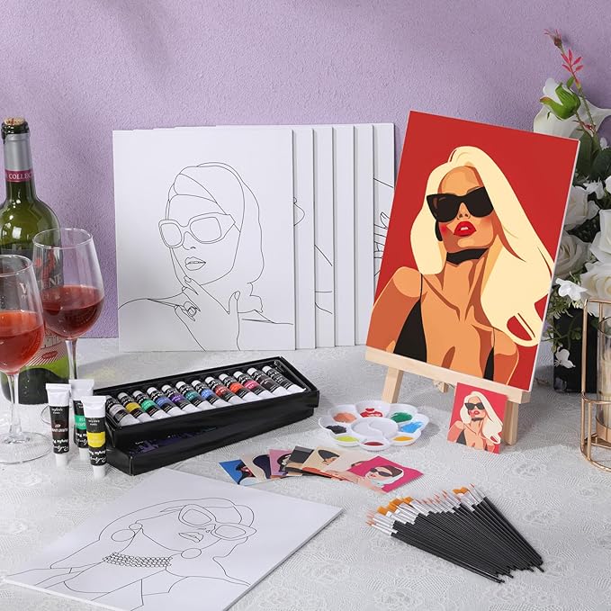 Cholemy 36 Pcs Paint and Sip Kit for Adults 8''x10'' Pre Drawn Canvas for Painting DIY Afro Acrylic Painting Kit Wood Easel Brushes Date Night Bulk for Father's Day Party Gifts(Modern Woman)