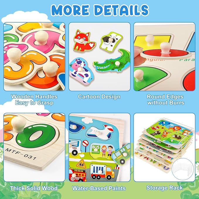 Attmu Wooden Puzzles for Toddlers, 6 Pcs Alphabet Puzzle ABC Shape Number Animal Farm Puzzle, Learning Toys for Kids, Preschool Educational Activities Toddler Gift Toys for Girls Boys Christmas Easter