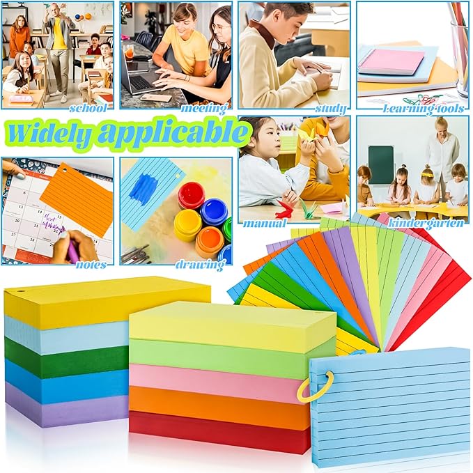 280Pcs Colored Index Cards 3x5 Inch Flash Cards with Rings Lined Note Card Flashcards, Colorful Ruled Card Pad Index Note Books 3 x 5 Notecards for Studying School Supply College Office