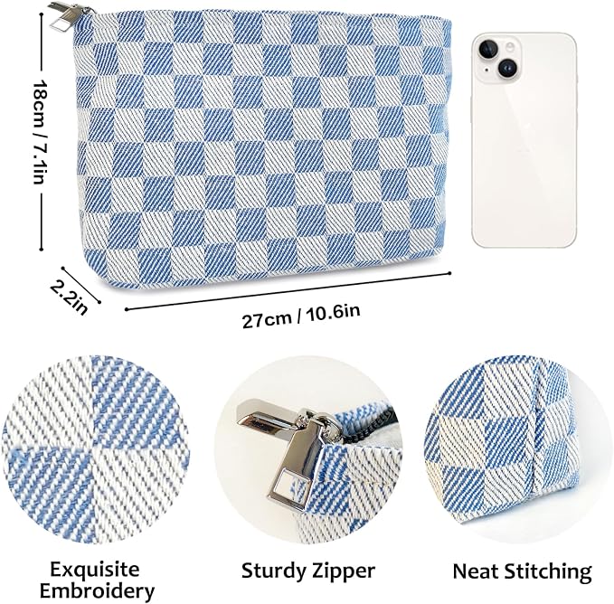 STARDW Checkered Makeup Bag Cosmetic Travel Bag, Toiletry Bag for Women | Canvas Lined Makeup Pouch for Skincare, Brushes, Toiletries & Travel Essentials, Cute Purse Organizer Pouches with Zipper