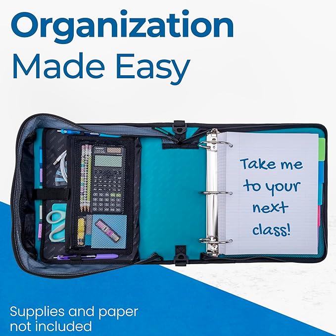 Case-it Mighty Zip Tab School Zipper Binder | 3-Inch O-Rings, 600-Sheet Capacity, 5-Subject Expanding File Folder, Multiple Pockets & Storage Organizer, Shoulder Strap | D-146 Aqua Marine