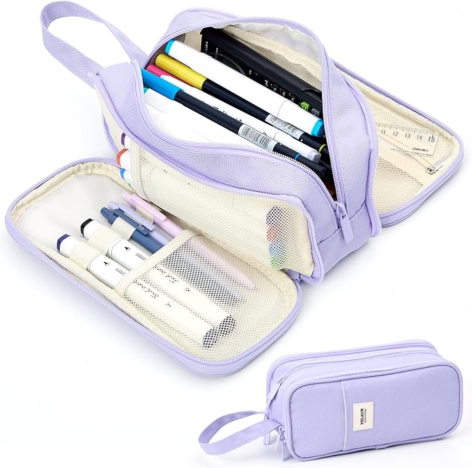Pencil Case Pouch, Large Capacity Pencil Box Bag, Aesthetic Pen Organizer for School Supplies, Cute Preppy Stuff for Girls Boys Kids, Back to College Stationery, Purple