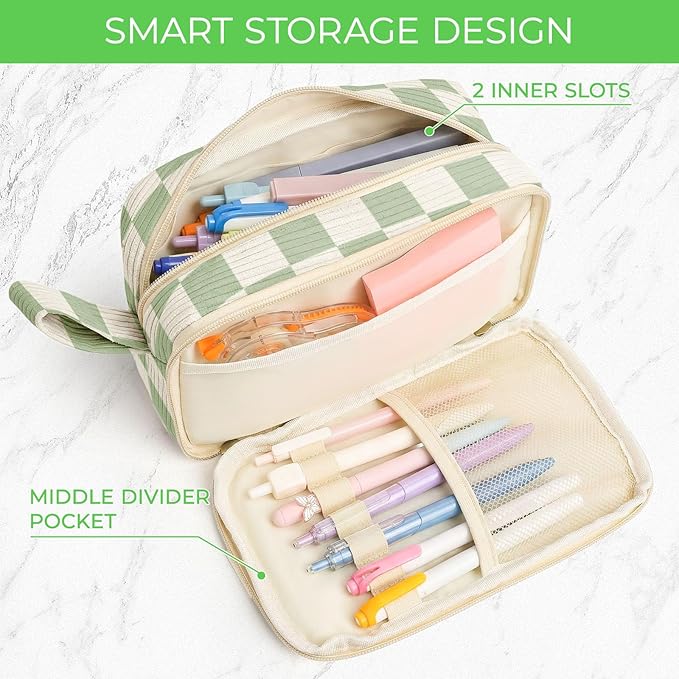 WOBAGMEN Cute Pencil Case,Large Corduroy Zippered Pencil Case Pouch, Aesthetic Pencil Bag with Compartments, Pencil Pouch School Supplies (Green checked)