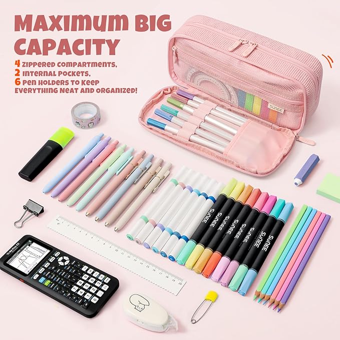 SUNEE Pencil Case, Large Capacity Pencil Pouch, Aesthetic Big Pen Bag, Soft Corduroy Pen Box for Office Stationery Organizer School Supplies Multifunctional for Teen Boys Girls Women Men, Soft Pink
