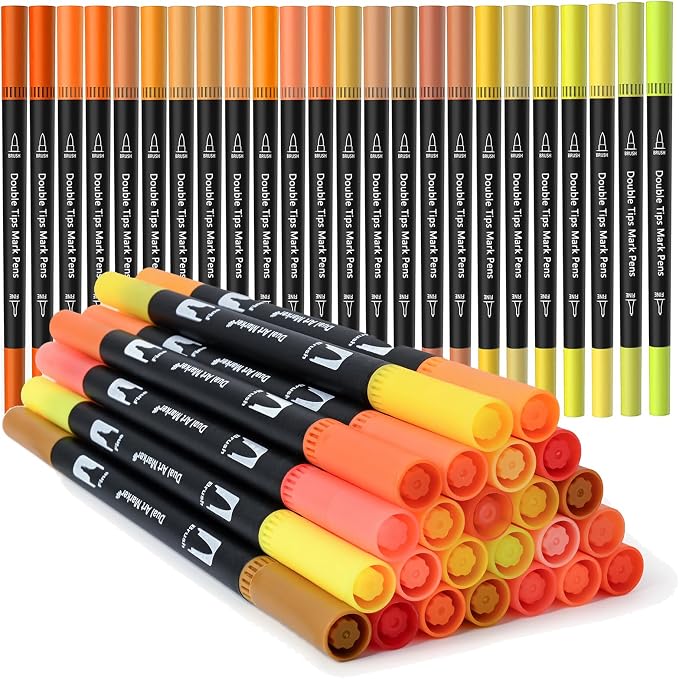 Orange&Yellow Dual Tip Brush Pen,Colored Fine & Brush Calligraphy Pens, Dual Tip Yellow Markers for Adult Coloring Books Drawing Planner Calendar Art Sketch Outlining Sketching Calligraphy