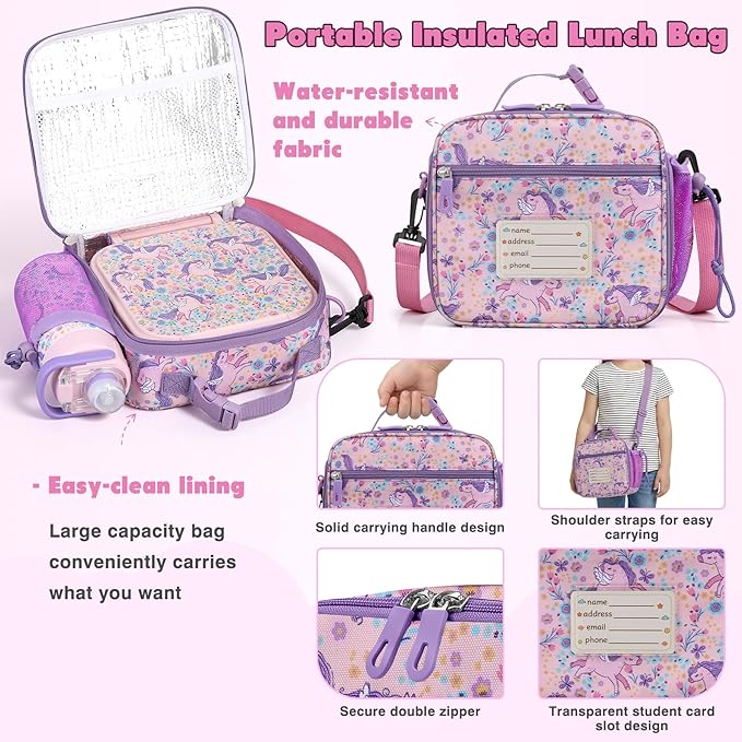 Bento Lunch Box for Kids with 7oz Soup Thermo,Insulated Stainless Steel Kids Water Bottle with Straw and Insulated Lunch Bag,Leak-Proof Lunch Food Container with Ice Pack for School (Pink-Horse)