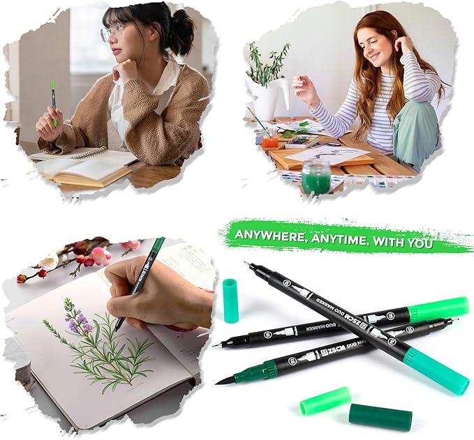 ZSCM Green Duo Tip Marker Pens, 12 Pack Fine & Brush Markers for Adult Coloring Books No Bleeding, Nature Green Markers for Foliage, Landscape Drawings, Botanical Illustrations and Eco Designs