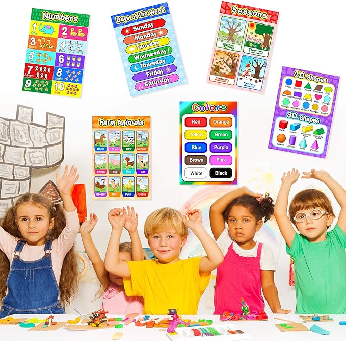 Blulu 8 Educational Preschool Poster for Toddler and Kid Learning with 60 Glue Point Dot for Nursery Preschool Homeschool Kindergarten Classroom Teach Number Alphabet Color Month and More 16 x 11 Inch