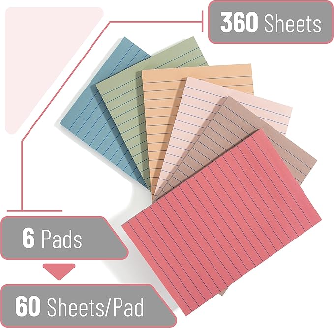 Mr. Pen- Lined Sticky Notes, 4" x 6", 6 Pads, 60 Sheets/Pad, Vintage Color, Sticky Notes with Lines, Ruled Post Stickies, Memo Pads, Self-Stick Note Pad for Office, School, Home, Study