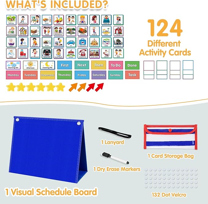 ALSLEA Large Visual Schedule for Kids with Autism Chore Chart for Kids Daily Routine Chart Autism Learning Materials Toddler Planning Board Visual Schedule for Classroom, Home with 124 Cards (Blue)