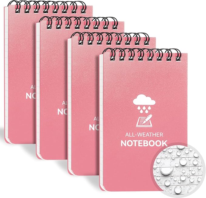 COIDEA Waterproof Notebook, 4 Pack Top-Spiral Pocket Notepad, 3" x 5" Weatherproof NotePad, All Weather Police Pocket Notebook Little Memo Steno Note Pads for Outdoor Office School Recording, Pink