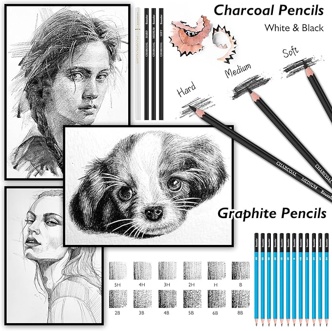 Soucolor Art Supplies, 76 Pack Drawing Set Sketching Kit, Gifts Box for Artist Adult : 3-Color SketchBook, Watercolor Pad, Coloring Book, Charcoal Colored Watercolor Metallic Pencils