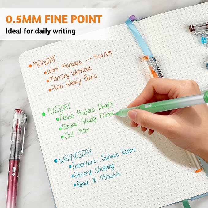 APOGO 12 Colors No Bleed Liquid Ink Pens For Journaling, 0.5mm Fine Point Bible Pens, Quick-Dry and Dispense Ink evenly, Smooth Writing Gel Pens for Bullet Journal and Taking Notes