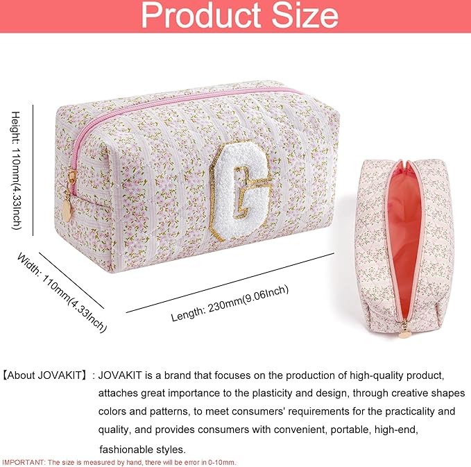 JOVAKIT Alphabet Makeup Bag Cosmetic Bag for Women, Christmas Gifts for Girls Age 6-18, Floral Flowers Coquette Travel Toiletry Zipper Make Up Pouch Organizer Trendy Stuff (Pink Floral G)