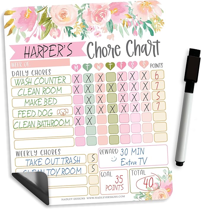 Hadley Designs Magnetic Chore Chart for Kids – Reward Chart for Kids, Dry Erase Responsibility Board for Children at Home, Fridge Behavior Tracker for Daily & Weekly Tasks, Floral Toddler Chore Board