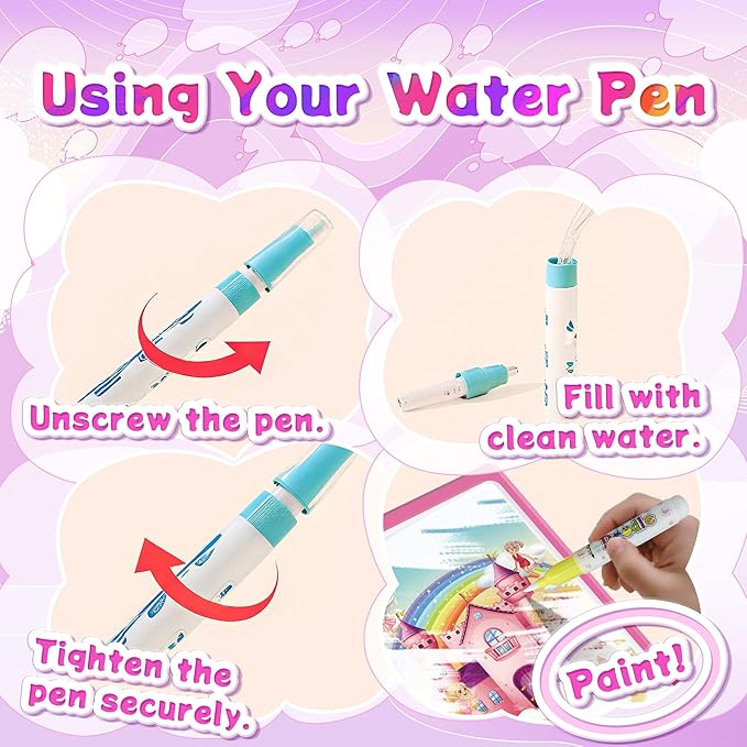 Reusable Water Coloring Books for Toddlers 1-3 with 18+ Stickers & No-Mess Pen, Princess Theme Water Coloring Books for Toddlers 1-3, Magic Paintless Painting Book for Toddler, Paintless Painting Book