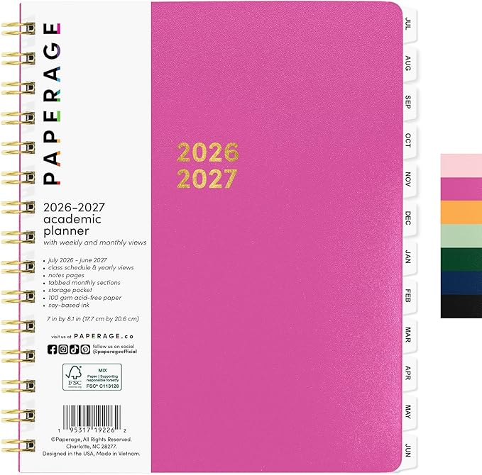 PAPERAGE Academic Planner, Weekly & Monthly Planner & Calendar, 12-Months, July 2026 - June 2027, (7" x 8"), School & Student Planning Agenda with Tabs, Bonus Pages & Inner Pocket, Raspberry