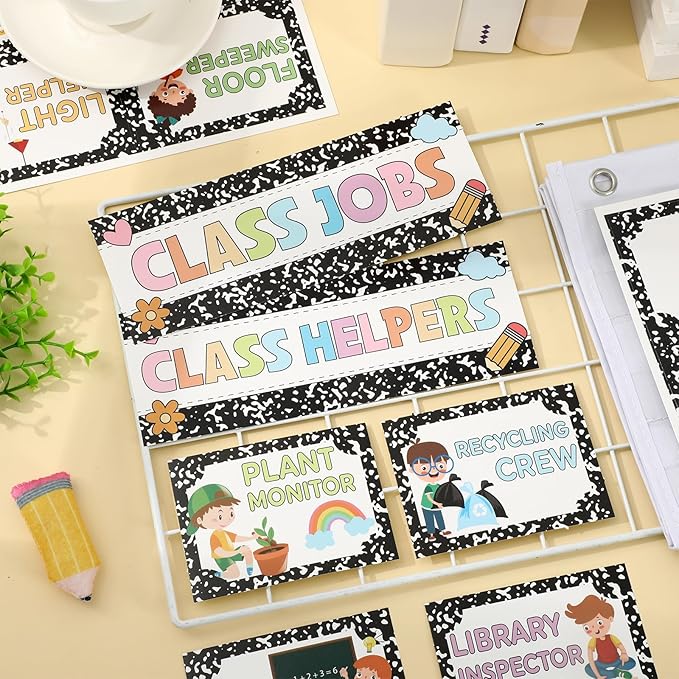 JarThenaAMCS Composition Notebook Class Jobs Pocket Chart Back to School Class Management Teacher's Helpers Pocket Chart with Clips Card for Preschool Classroom Must Haves Daily Schedule Supplies