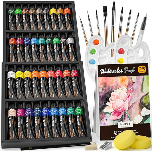 Nicpro Watercolor Paint Set for Adults,Beginner & Artists, 36 Tubes Water Color Paint Set with 25 Watercolor Paper Book, 8 Squirrel Paint Brushes, Palettes, Color Wheel, Water Color Painting Supplies