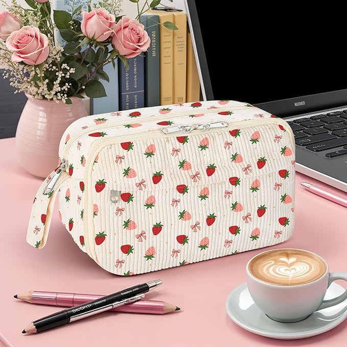 WOBAGMEN Cute Pencil Case,Large Corduroy Zippered Pencil Case Pouch, aesthetic Pencil Bag with Compartments, Pencil Pouch School Supplies (HY-corduroy pc-strawberry)
