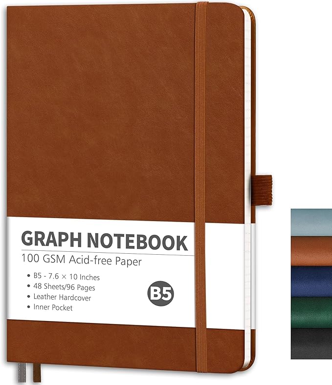 RETTACY Graph Grid Paper Notebook, 96 Pages, B5 Medium Size (7.6'' x 10''), 5 Squares per Inch, Leather Hardcover, 100 GSM Thick Paper, for School, Students, Math, Engineering (Brown)