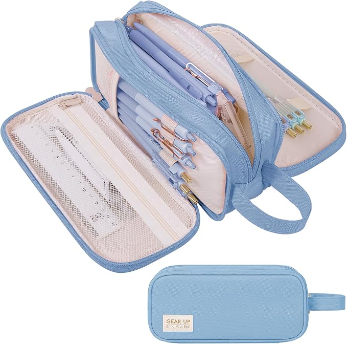 SKYDUE Large Capacity Pencil Case with Handle, 3 Compartment Canvas Pencil Pouch, Cute Soft Color Pencil Bag for Pens, Markers, Aesthetic Stationery and Organizer for Teen Girls Adult, Light Blue