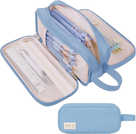 SKYDUE Large Capacity Pencil Case with Handle, 3 Compartment Canvas Pencil Pouch, Cute Soft Color Pencil Bag for Pens, Markers, Aesthetic Stationery and Organizer for Teen Girls Adult, Light Blue