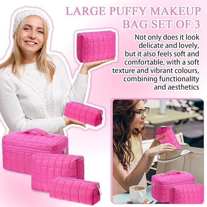 Huhumy 3 Pcs Large Puffy Makeup Bag Set Quilted Cosmetic Pouch for Women Cute Checkered Travel Toiletry Bag Puffer Makeup Organizer Purse Pouch Preppy Pencil Case with Zipper Valentine Gift (Hot Pink)