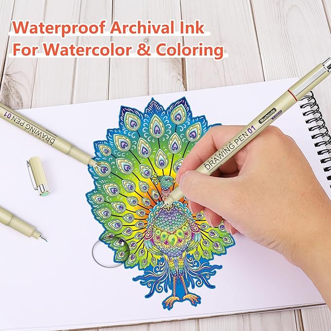 Micro Fineliner Drawing Pens 20 Set(12 Colored & 8 Black) Artist Art Supplies Adult Waterproof Watercolor Fine Line Marker Archival Ink Micron Sketch Outline Manga Anime Gift Sketching Zentangle Stuff