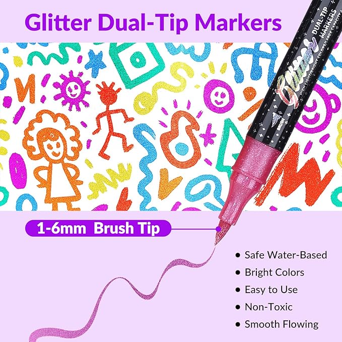 KEMYR Glitter Effect Brush Markers Pens,24 Colors Dual Tip Glitter Pens Set 12 Pack Metallic Sparkle Markers for Cards, DIY Crafts, Doodle, Writing, Adults Coloring Books, Art Supplies Scrapbooking