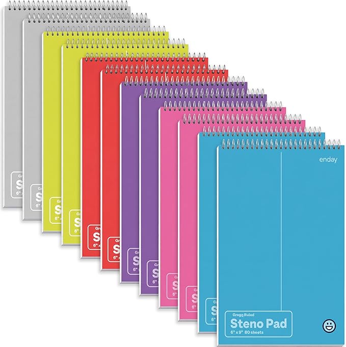 Enday Steno Pads Spiral 6x9 12 Pack, Gregg Rule White Paper, 80 Sheets Steno Notebook for writing in Pink, Purple, Green, Blue, Red, Grey, Multicolor