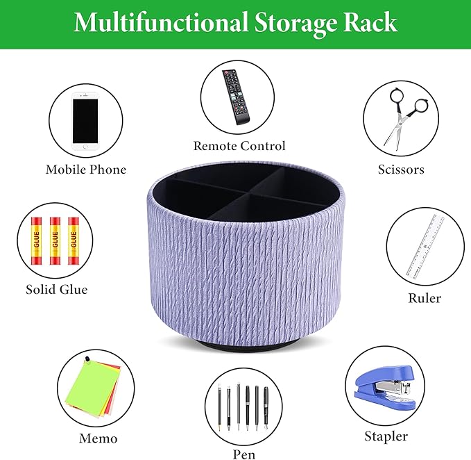 Round Leather Art Supply Organizer,Remote Control Holder,360 Degree Spinning,Multi-Functional Pencil Holder,4 Compartments Desktop Stationary Organizer(1-Vertical Wood Purple)