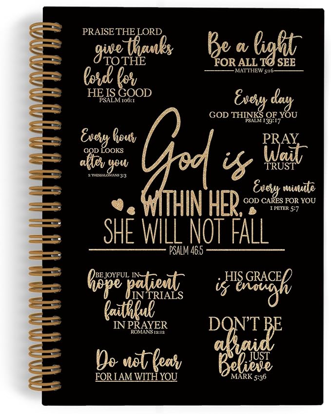 QLMX Black Gold Christian Prayer Spiral Notebook, Inspirational Religious Journal Notebook, Bible Notebooks for School Work, God Is Within Her She Will Not Fall Office Supplies Gifts, 5.5x8.3Inch