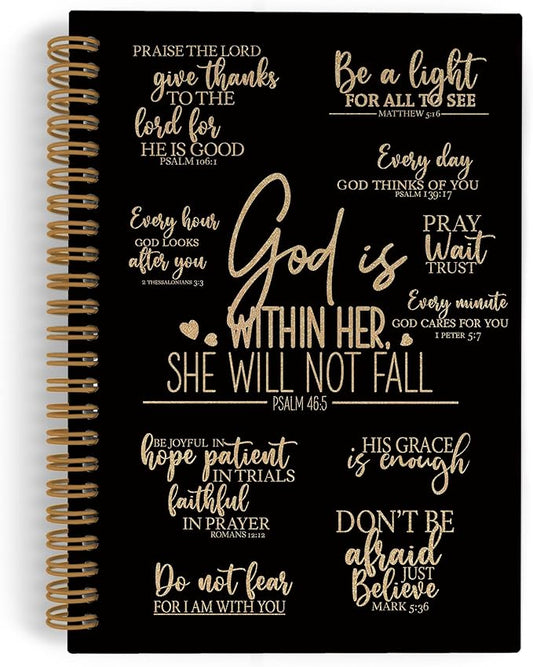 QLMX Black Gold Christian Prayer Spiral Notebook, Inspirational Religious Journal Notebook, Bible Notebooks for School Work, God Is Within Her She Will Not Fall Office Supplies Gifts, 5.5x8.3Inch