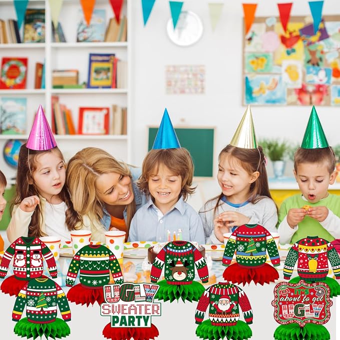 Christmas Ugly Sweater Party Decorations Honeycomb Centerpiece,9Pcs Ugly Sweater Centerpieces for Tables,3D Xmas Table Topper Xmas Table Centerpieces for Merry Christmas Holidays Decoration