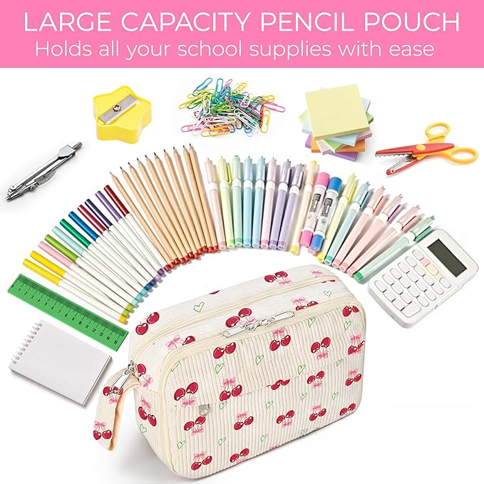 WOBAGMEN Cute Pencil Case,Large Corduroy Zippered Pencil Case Pouch, aesthetic Pencil Bag with Compartments, Pencil Pouch School Supplies (HY-corduroy pc-cherry)