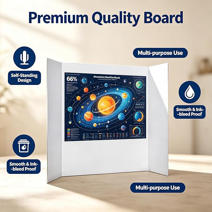 Trifold Poster Board, White Corrugated Presentation Board with Double Sided Tapes, Display Board for School Project, Science Fair (13=24x16)