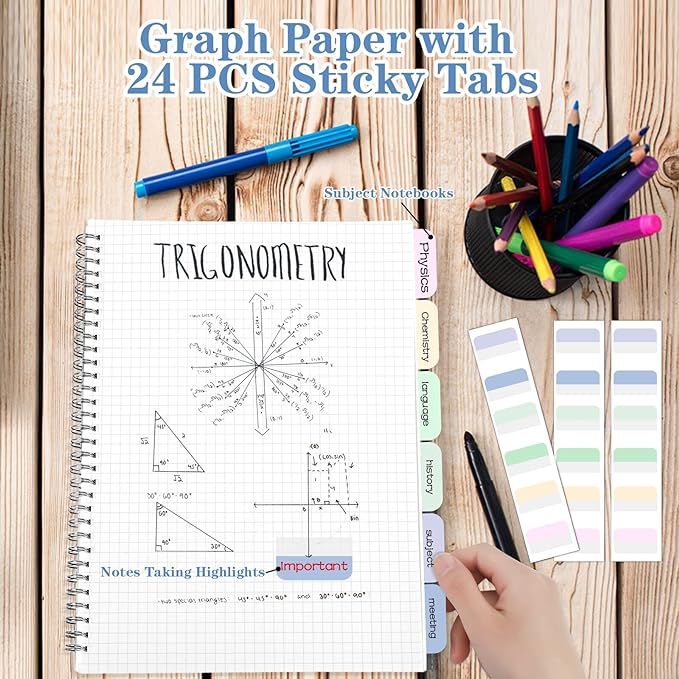 Graph Paper Notebook, 8.5" x 11" Spiral Notebook, A4 Graph Notebook Journal, 5mm Graphing Grid Notebook for Math, Lab, Engineering, School, 24PCS Index Tabs, Assorted Pastel Notebook Pack