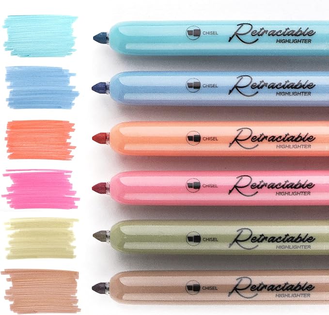 WRITECH Retractable Highlighters Assorted Colors: Chisel Tip 6ct Vintage | Aesthetic Pens Pack Multi Colored Ink No Bleed & Smear for Highlighting Journaling Drawing Coloring Note-taking Home Office