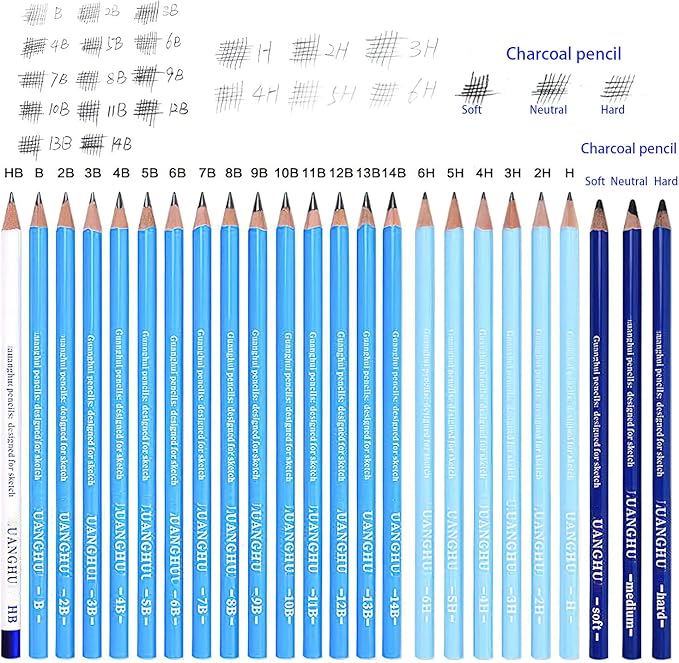 YYMIYU 24 Drawing Pencils Set, Art Sketching Pencils Charcoal Set 14B,12B,11B,10B,9B,8B,7B,6B,5B,4B,3B,2B,B,HB,H,2H,3H,4H,5H,6H,& Soft Neutral Hard Charcoal Pencils