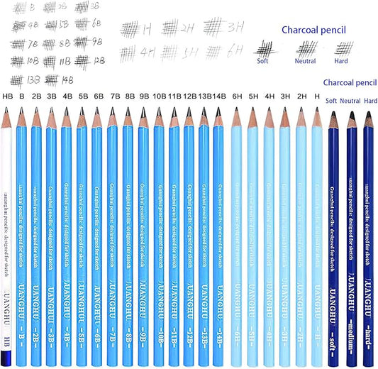 YYMIYU 24 Drawing Pencils Set, Art Sketching Pencils Charcoal Set 14B,12B,11B,10B,9B,8B,7B,6B,5B,4B,3B,2B,B,HB,H,2H,3H,4H,5H,6H,& Soft Neutral Hard Charcoal Pencils