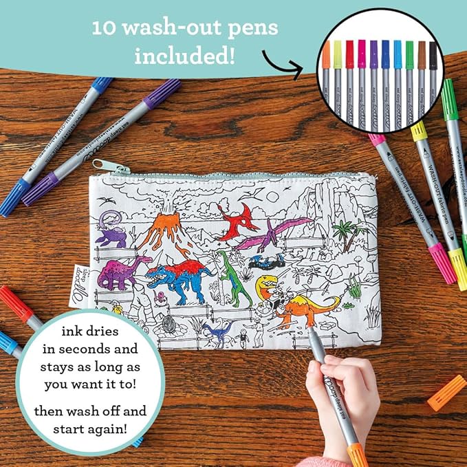 eatsleepdoodle DIY Coloring Dinosaur Pencil Case for Kids with 10pcs Washable Markers, Reusable Art Supply Organizer, Fun Arts & Crafts Activity for Boys & Girls, Creative Gift Idea for Ages