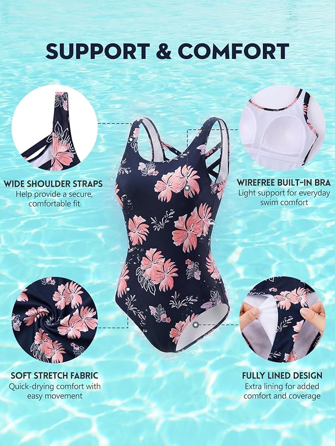 Modest Full Coverage One Piece Swimsuit Floral Bathing Suit Criss Cross Back Swimwear with Built-in Bra
