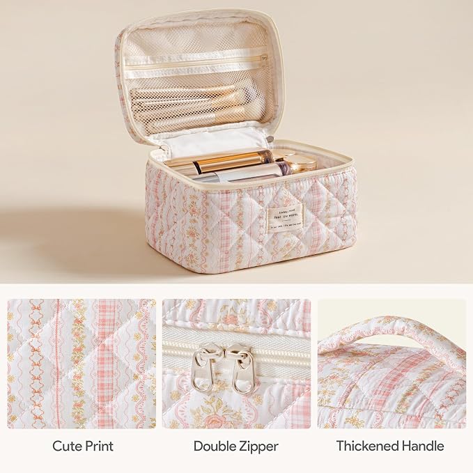HBselect Quilted Makeup Bag, 3Pcs Cotton Large Travel Makeup Bags Organizer | Cute Floral Make up Bag Cosmetic Bag Toiletry Bag for Women Girls, Makeup Pouch for Skincare, Brushes & Travel Essentials