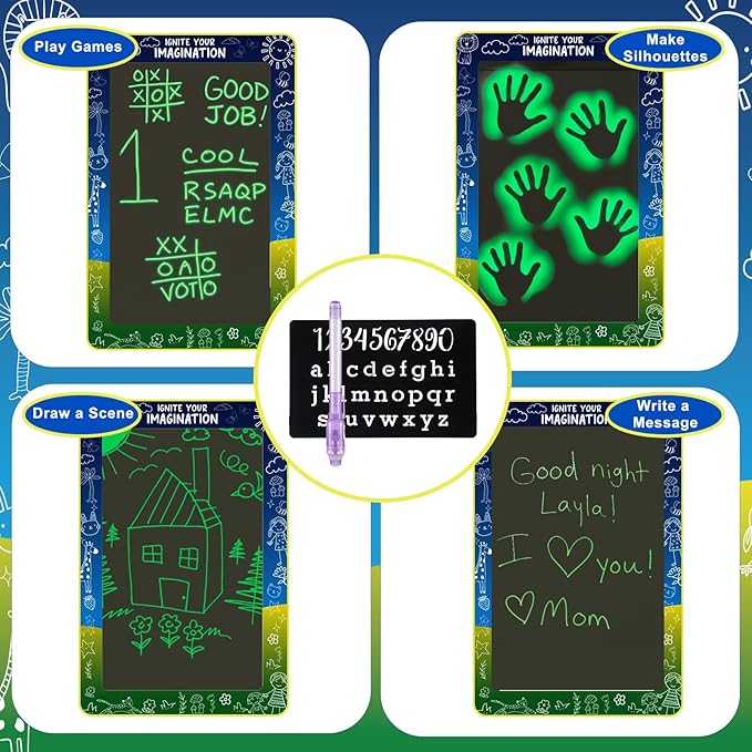 Dunzoom Light Reactive Drawing Surface Board 36 x 24 Inch Bright Glow Effect with 2 Purple Light LED Pens and 1 Number Alphabet Stencil for Drawing Writing Doodle Glow in The Dark Party Favors