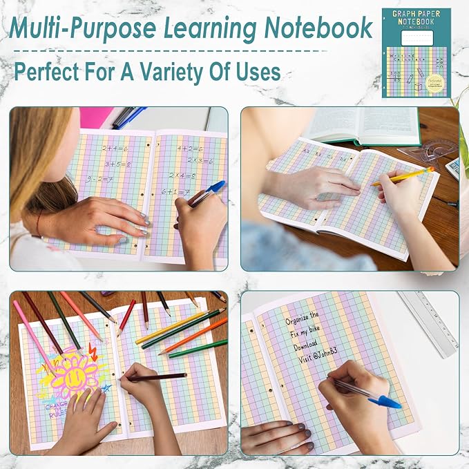 3 Pack Colored Graph Paper Notebook 8.5"x 11" Large Square Graph Paper for 3 Ring Binder 1/2 Inch Squares Math Grid Notebook 3 Hole Punch Graph Writing Paper for Kids School Dyslexia Dysgraphia