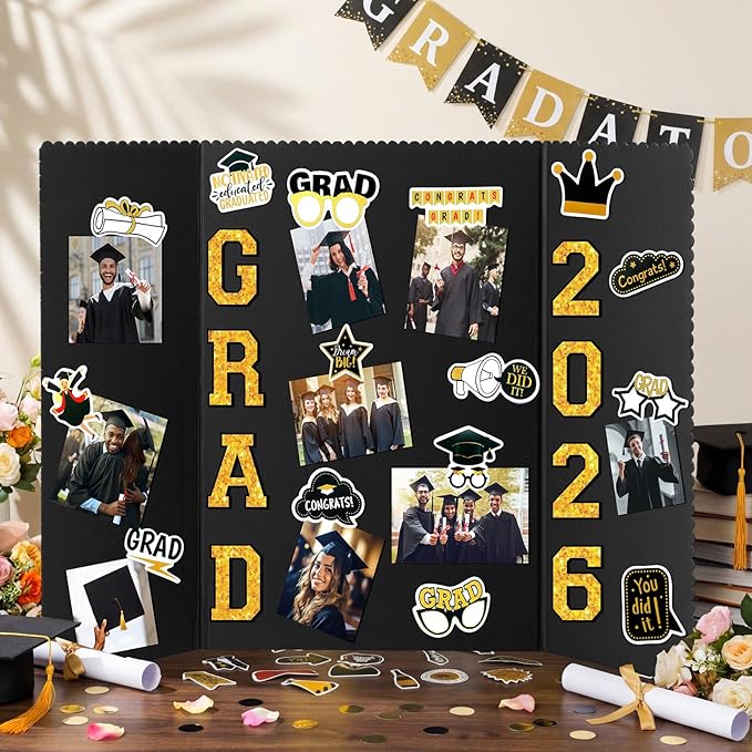 MiniInflat 4 Set 2026 Graduation Picture Trifold Poster Board Double-sided Foldable Photo Display Board Graduation Decoration for Class of 2026 High School College DIY Craft(Black Gold,24 x 32 Inches)