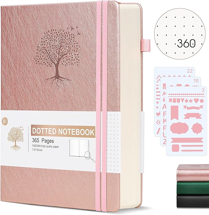 Ansopu Dotted Journal Notebook, 360 Numbered Pages Bullet Dot Grid Journals, 100gsm Dot Paper Thick Hardcover Leather Journal for Writing Women Men, B5 Big Dotted Grid Notebooks 7.6'' X 10'' Pink
