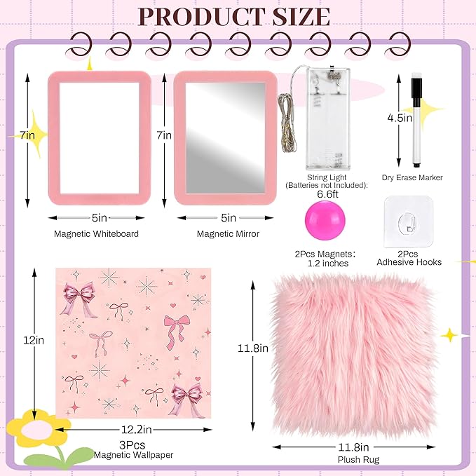 Elfcool 13 Pcs Locker Accessories Kit, Locker Decorations for Girls Boys Magnetic Pen Holder, Mirror, Whiteboard, Wallpaper, Magnets, Plush Rug, String Light, Back to School Essentials (Pink Bow)