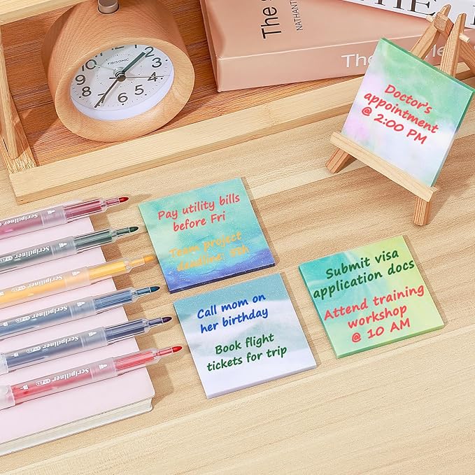BAYTORY 200 Sheets Transparent Sticky Notes, 6Pcs Double-Ended Colored Marker Pen, 3 x 3 Glitter Clear Sticky Notes, Waterproof Self-Stick Note, Easy to Post for Note Taking (Morandi)